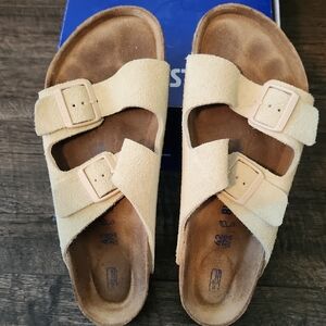 Birkenstock Arizona Suede Sandals In Butter With Matching Hardware